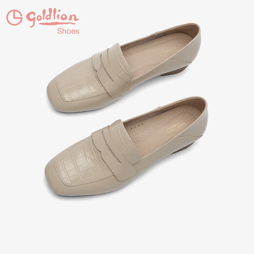 Goldlion women's wedge loafers women's fashion small leather shoes deep square toe slip-on shoes G661310122 apricot 38
