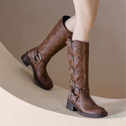 Feyuega Knight Boots Women's Retro Maillard Thick Heel Belt Buckle Martin Boots But Knee Boots New Western Denim Boots Brown 38