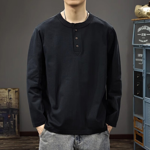 Gu Xiansen Autumn American Retro Henley Collar Men's Long Sleeve T-Shirt Trendy Brand Heavy Cotton T-shirt Loose Casual Bottoming Shirt Black L 120-140Jin Jin is equal to 0.5 kg