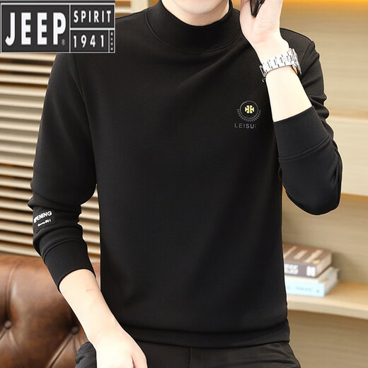 JEEP SPIRIT autumn and winter new men's velvet half turtleneck cotton sweatshirt long-sleeved T-shirt bottoming shirt slim fit skin-friendly inner wear Khaki M 85-110Jin Jin is equal to about 0.5 kg