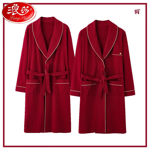 
LangSha (LangSha) middle-aged men and women long sleeve cotton bathrobe nightgown mid-length large size pajamas home clothes big red zodiac year red 1 LSY16822 M