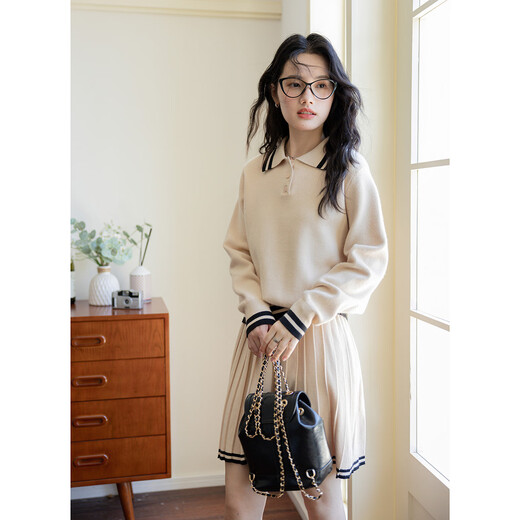 Demana campus retro style college style age-reducing short skirt two-piece lapel slim casual striped knitted suit for women