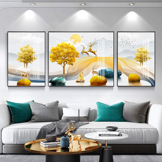 
Xiaolulin modern simple living room decoration painting Nordic style sofa background wall mural painting West wall light luxury elk abstract hanging painting 3-Fulu double complete 14134 Tempered crystal porcelain middle 80*60 sides 40*60 black frame