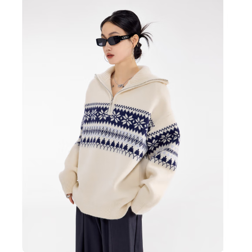 ICH MODE Fair Isle half-zip pullover red sweater women's spring new sweater jacket red M