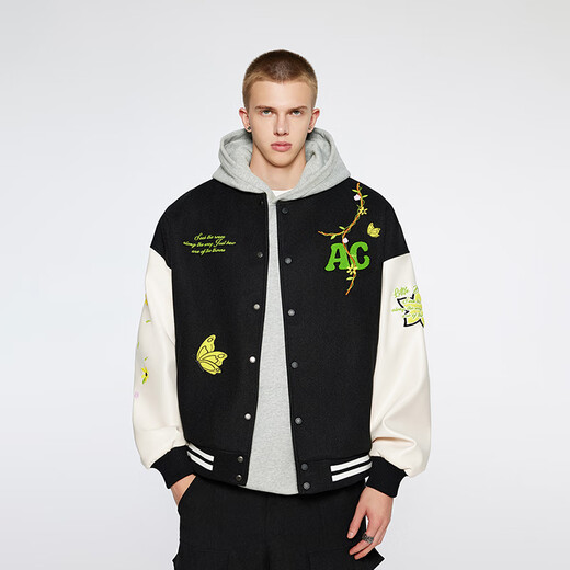 A CHOCK American hip-hop heavyweight flower vine embroidered baseball uniform loose jacket for men apricot M