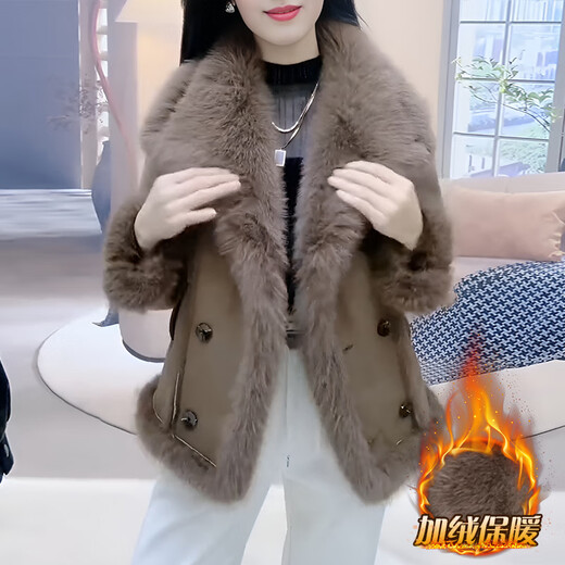 皮尔卡丹皮毛一体时尚休闲加绒加厚保暖外套女气质显瘦上衣2025秋冬新款 咖啡色 卡码拍小，不要拍大 3XL [建议146-160斤]