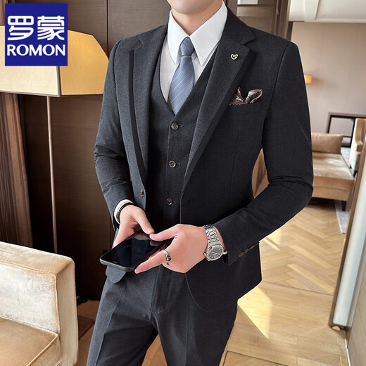 ROMON high-end suit men's autumn new suit men's business professional formal wear groom's wedding best man's dress medium gray (suit + pants) free tie 2XL