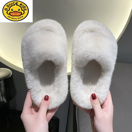 G.duck autumn and winter indoor warm children's one-line opening furry slippers for boys and girls non-slip floor cotton slippers open toe students pink one-line 701 35 yards 34-(inner length 22cm)