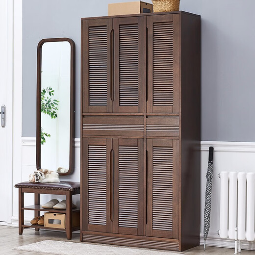 JIAYI shoe cabinet solid wood home door large capacity simple modern entrance cabinet balcony storage cabinet American high cabinet six doors walnut color