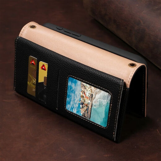 Shell Jazz Apple 14Promax Case de téléphone mobile iPhone 15pro Case de protection High-Dee Geat en cuir Couge de tête de vache Cow Hide Slot Wallet Fashionable Budle Personnalise Business Model Model Protective Case [Business Black] Véritable Sac de carte en cuir Apple 15Promax