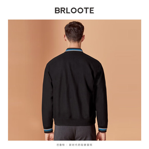 巴鲁特（Brloote）100%纯羊毛夹克男秋冬季时尚撞色棒球立领茄克百搭短款毛呢外套 黑色 190/108A