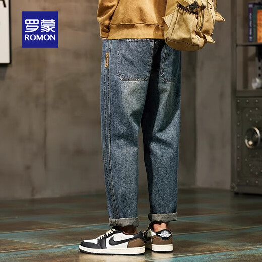 罗蒙牛仔裤美式复古锥形男士宽松直筒潮牌2025夏季水洗休闲长裤子男装 复古蓝常规 32 （135-145斤）