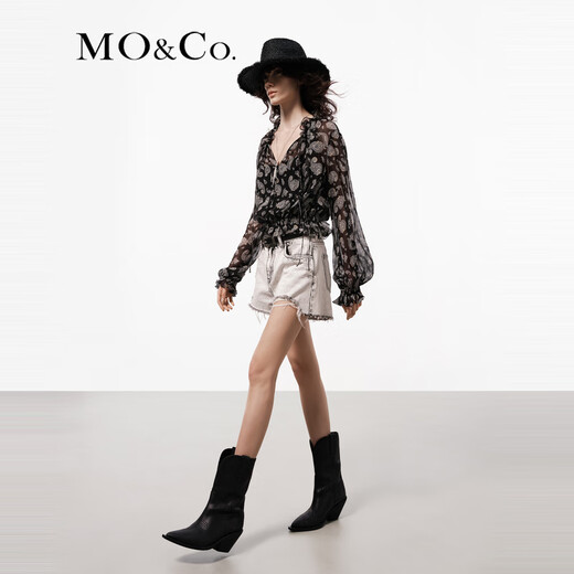 MO&Co.上衣5A桑蚕丝佩斯里花纹花边立领高腰收褶浪漫法式衬衫摩安珂 黑底白花色 S 160