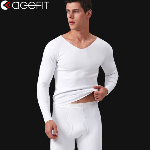 ACEFIT thickened modal cotton men's thermal underwear V-neck suit slim and seamless autumn clothes and long pants 318-white L