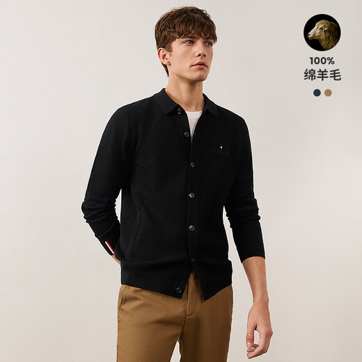 Navigare Italian small sailing men's lapel cardigan autumn and winter commuting pure wool cardigan solid color sweater jacket for men dark night black XL size