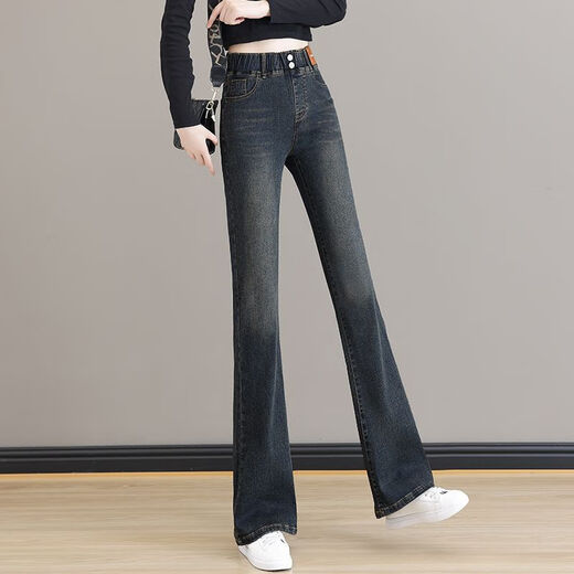 莫代尔松紧腰牛仔裤女装2025春秋新款高腰弹力修身显瘦时尚喇叭裤 MX-10-5010_蓝色8592【款】 常规 3XL 建议140-150