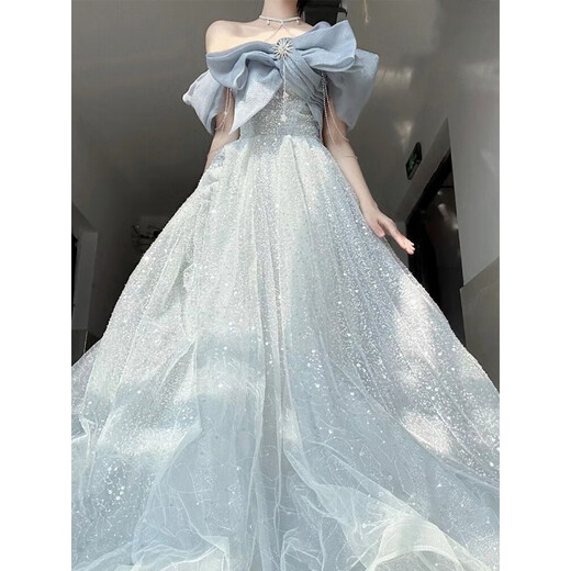 雷姆汀一字肩晚礼服女宴会气质轻奢洋气高端主持人艺考成人礼蓬蓬裙演出 灰蓝色 无肩膀两边的链条 S