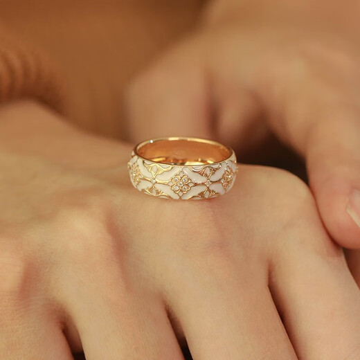 QUAMER enamel series 18k gold-plated rings for men and women, personalized inlaid with zircon, European style pattern carving, personalized light white enamel ring-US No. 6