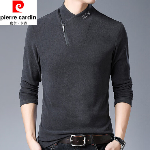 Pierre Cardin pure cotton anti-wrinkle long-sleeved T-shirt men's spring and autumn new half turtleneck sweatshirt solid color slim trend bottoming shirt HL-19819 black 180/XXL