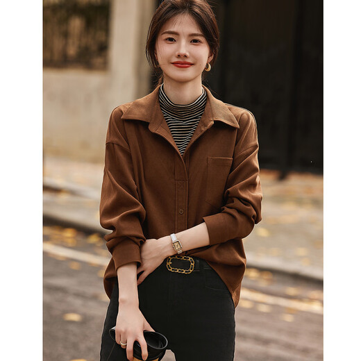 Demana Urban Casual Commuting Half-High Lapel Shirt Contrast Color Stitching Brushed Shirt Women's Top Light Brown L