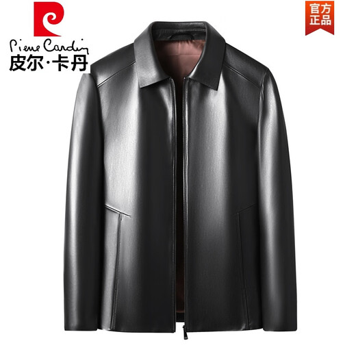 Pierre Cardin Haining removable lining down genuine leather jacket winter middle-aged men's lapel zipper sheepskin casual jacket black 2XL 185