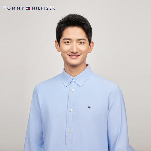 TOMMY HILFIGER【弹力牛津纺】男女经典商务通勤休闲易打理挺括长袖衬衣衬衫外套 【小绣标纯色衬衫】-天蓝色VP8 XL （推荐：165-180斤）