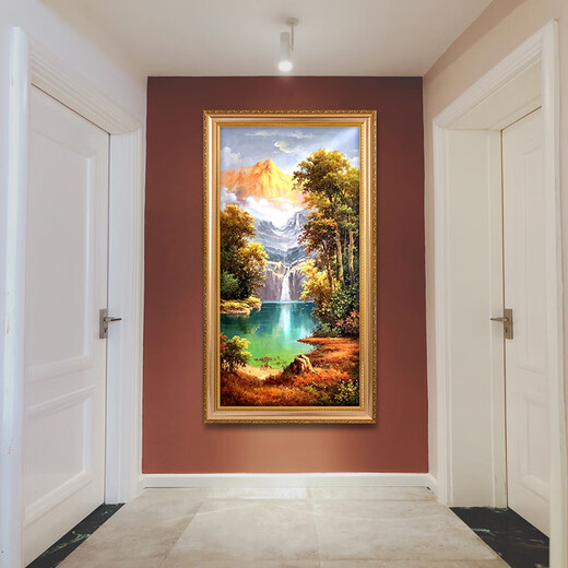 帝旗 手绘山水油画聚宝盆金山装饰画欧式玄关装饰画走廊过道挂画风景 692金实木框 90X180