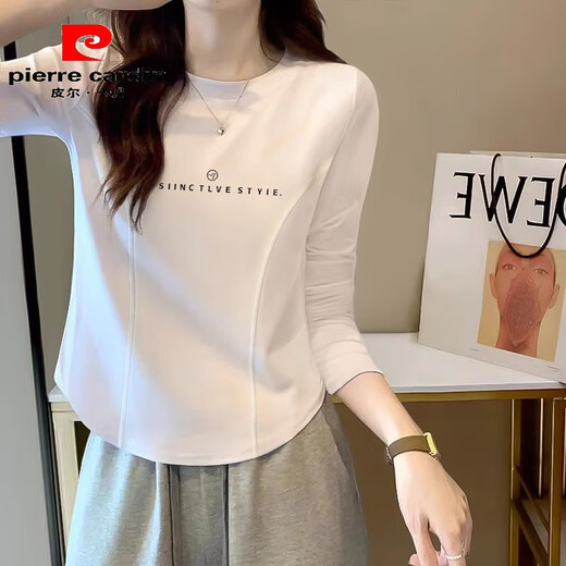 Pier Cardin Spring and Autumn 2025 Pure 1 Cotton Shoulder White Long Sleeve T-shirt for Women Irregular Slim Inner Base Shirt Short Top 801-688 White XL