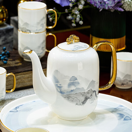 Han Ming new Chinese style tea set complete set for housewarming gift Jingdezhen water cup teapot living room household high-end ceramic cup set high-end bone china tea set 8-piece gift box