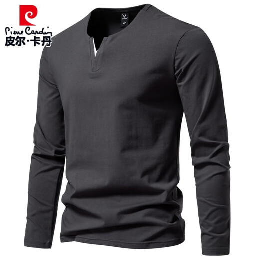 Pierre Cardin Henry heavyweight men's long-sleeved T-shirt with spring and autumn slim casual v-neck solid color bottoming shirt clothes top black XL