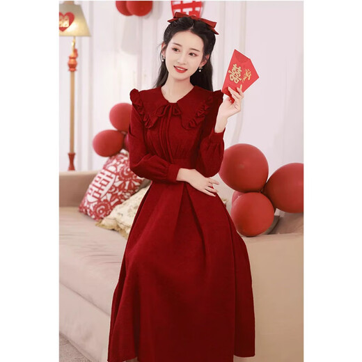 Pierre Cardin Autumn and Winter New Return Engagement Dress Dress Slimming Burgundy Bridal Toast Wear Can Be Weared at Daily Burgundy L Recommended 100-120 Jin Jin equals 0.5 kg