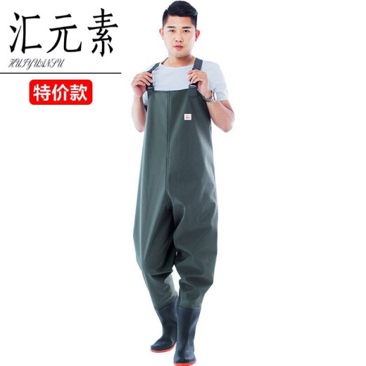 Leather pants one-piece men's pants, half-length rain pants, waterproof clothes, full-body fishing leather crotch pants, thickened rain boots 60 silk green half-length 42