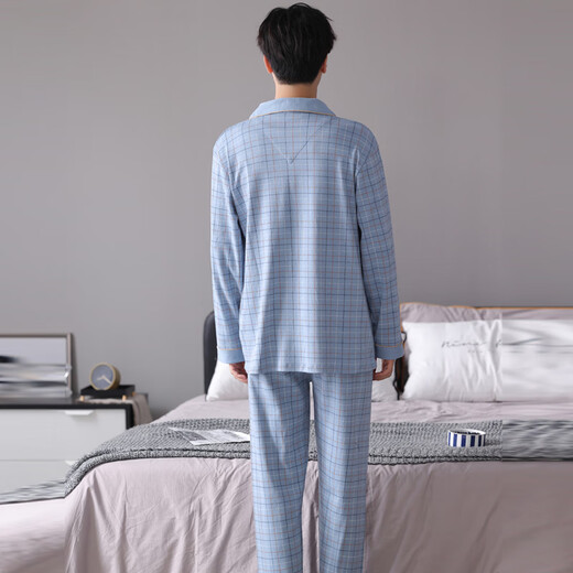 Cat Man Pure Cotton Pyjamas Herren Frühling und Herbst Langarmhose großer Größe lässig losen Heimkleidung Set Alle Baumwolle können äußere Verschleiß 3880 Hellblau M [vorgeschlagen 90-110jin [Jin gleich 0,5 kg]]