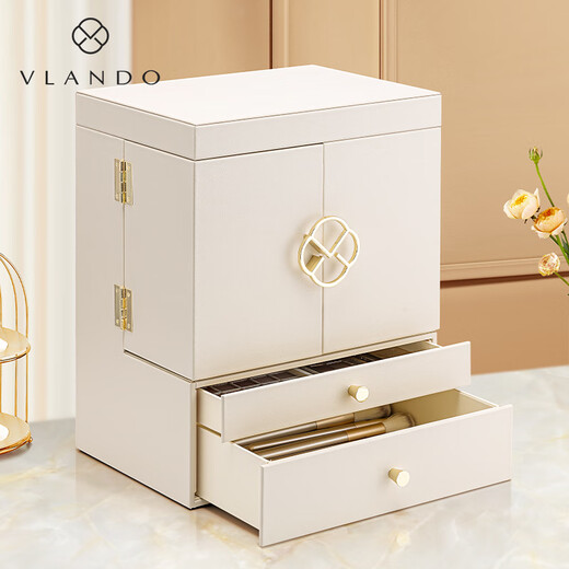 VLANDO high-end dark blue cosmetic box Christmas gift for girlfriend Large capacity can hold fairy water skin care product storage box double door - off-white large capacity - gift recommendation