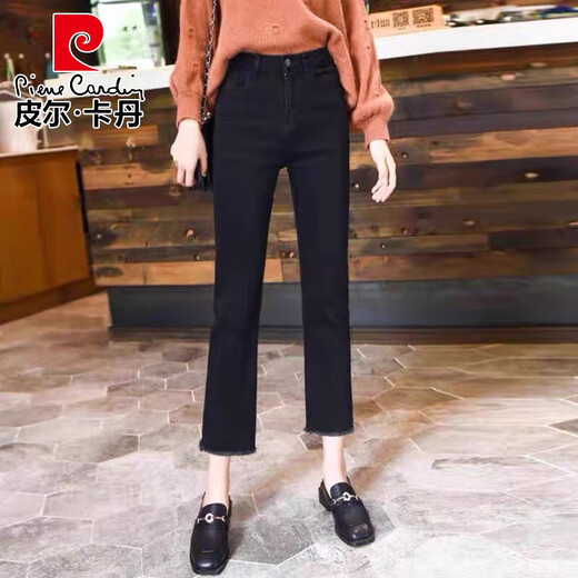 皮尔卡丹（pierre cardin）黑色烟管裤女2025年新款直筒牛仔女士裤子春秋款小个子显瘦九针织 黑色正常车脚九分 单裤 2575-83斤
