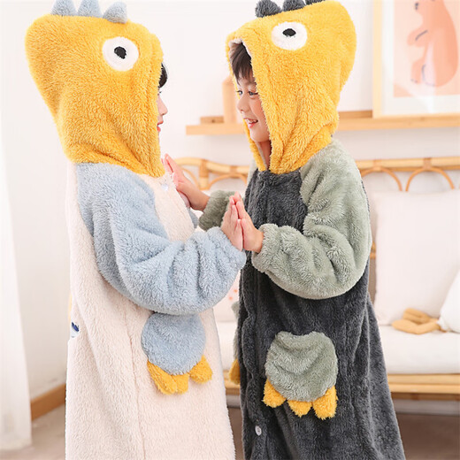 Children's pajamas autumn and winter bathrobe coral velvet lengthened to ankles thickened flannel dinosaur boys and girls home clothes small dinosaur hooded dark green thickened coral velvet 160