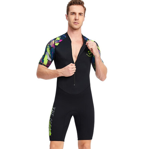 Yobel men's one-piece swimsuit 1.5MM neoprene warm long-sleeved sun protection swimsuit snorkeling surfing boating wetsuit black pattern short-sleeved shorts M recommended weight 120-140Jin Jin equals 0.5 kg