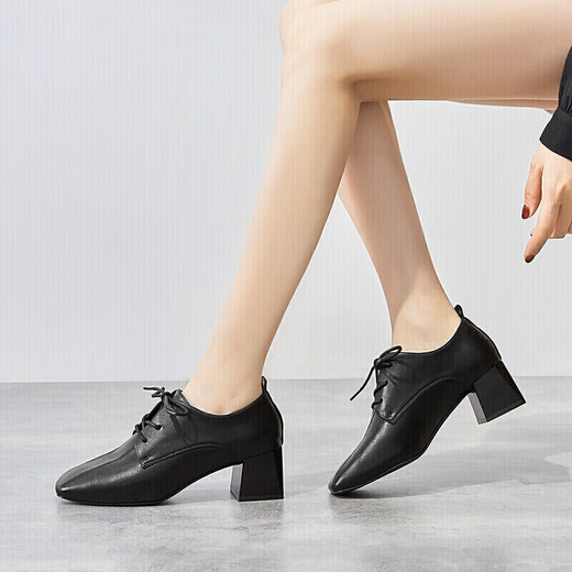 Zhr Chaussures célibataires pour femmes British Style MODERNE Square Toe High Heels Polydoule Mid-Heel épais talons hauts Chaussures en cuir profonde à lacets pour femmes Y557 Black 38