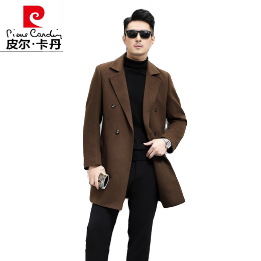 Pierre cardin high-end white goose-vulpe liner double-sided wool woolen coat men thickened winter mid-length wool trench coat men caramel color 170/M
