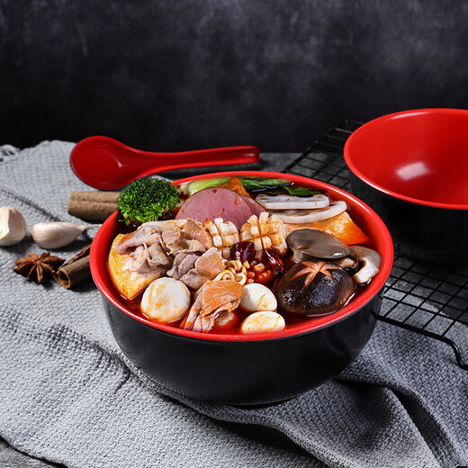 妙普乐密胺树脂碗 密胺仿瓷防摔馄饨碗日式拉面碗食堂饭店大碗米线汤面 9英寸反口碗 5009(黑红)