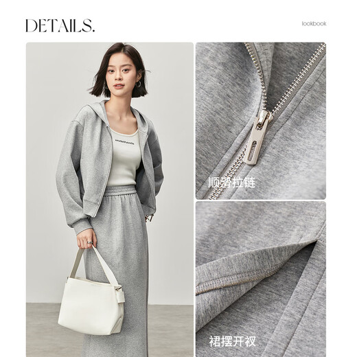 Chandubila comfortable and casual zipper hooded collar off-shoulder sweatshirt elastic waist draped large hem fishtail skirt cotton suit floral gray M