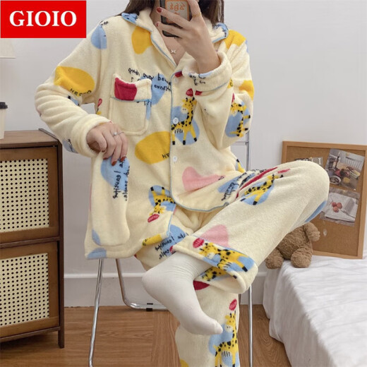 GIOIO Sanrio Jade Gui Dog Plus Fleece Thickened Coral Velvet Pajamas Women's Fall and Winter New Flannel Home Clothing Set zd-761#Katie Cat with Eyebrow M