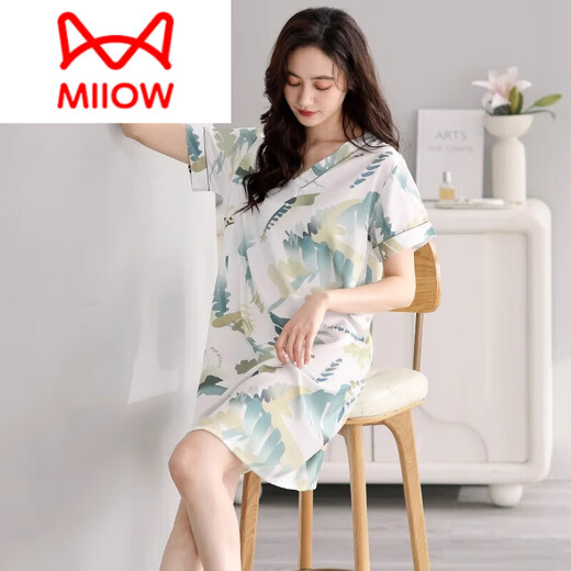猫人（MiiOW）睡裙女夏季冰丝短袖长款睡衣2025新款夏天仿真丝绸孕妇妈妈连衣裙 9928 M
