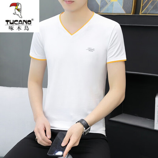 Woodpecker (TUCANO) Odell Cotton Summer V-neck Short-sleeved T-shirt Men's Trendy Base Shirt Half-sleeved Slim Body Shirt Pure Cotton Casual Clothes Q691 Blue Gray XL [Suggested 125-140Jin [Jin equals 0.5 kg]]
