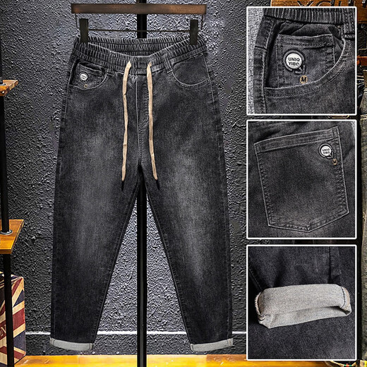 梦园朵夏季牛仔裤男士松紧腰高弹力宽松版型休闲裤男韩版潮流小脚裤长裤 常规 3887黑色 28  90-105