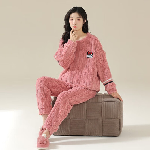 莫代尔珊瑚绒睡衣女秋冬季圆领加绒加厚提花绒保暖可外穿家居服套装法兰 17M6623 2XL 【170-175cm135-155斤】