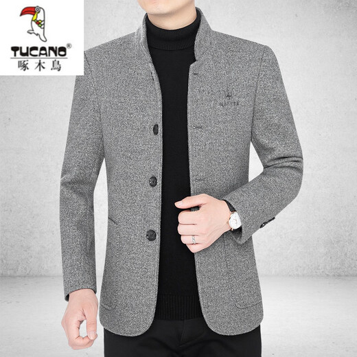 Woodpecker (TUCANO) high-end men's woolen jacket for men 2023 autumn and winter new stand-up collar thickened woolen coat dad wear black gray cotton style XL 180 suitable for 140-155Jin Jin equals 0.5 kg