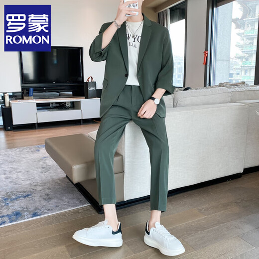 ROMON Light and mature autumn and winter thin three-quarter sleeve casual suit suit for men, high-end and handsome small suit drape jacket, green TZ15 three-quarter sleeve two-piece set M