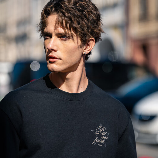 Mr. Bu Bu’s thin base sweatshirt for men’s retro printed round neck pullover new long-sleeved top KT15686 Clearance Graphite Black L (175)