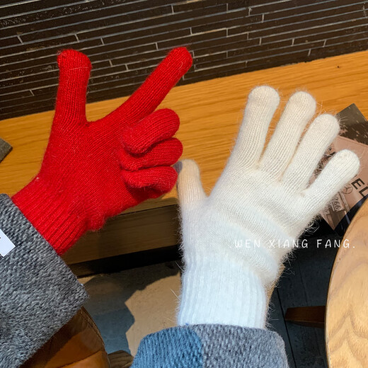 Muqing pure color knitted gloves winter men and women outdoor cycling warm thickened elastic fingered student gloves new year red one size fits all